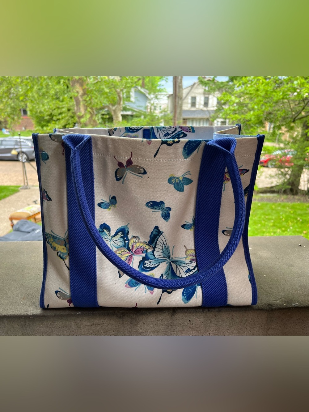 Canvas Butterfly Tote Bag with Blue Handles